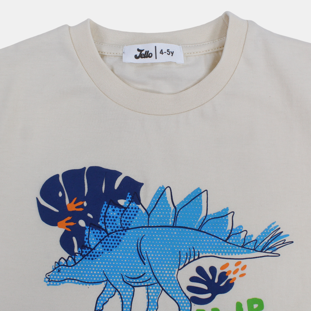 Boys Cotton T-Shirt – Beige with Dinosaur Print