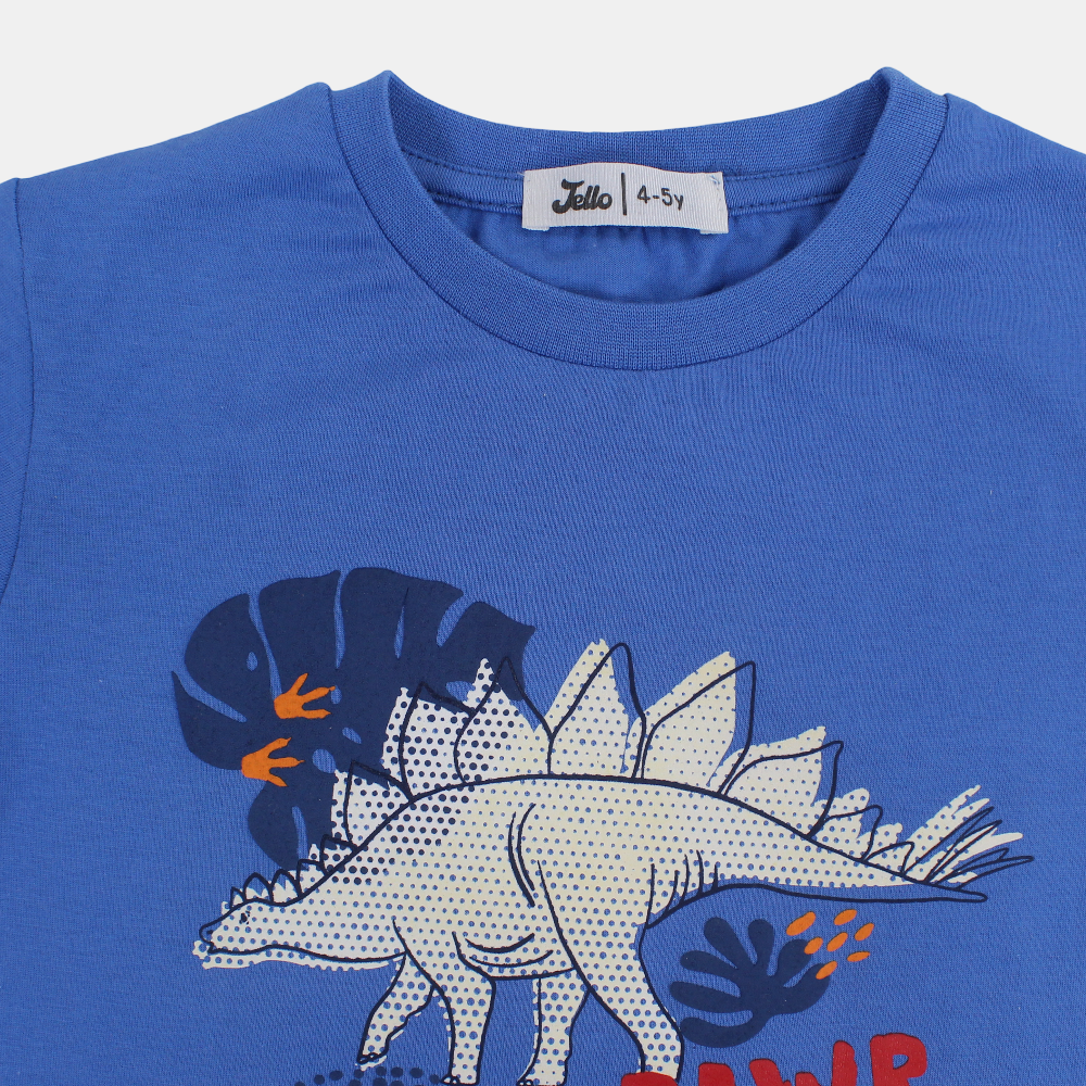 Boys Cotton T-Shirt – Blue with Dinosaur Design