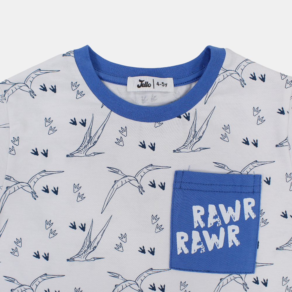 Boys Cotton T-Shirt - White with Flying Dinos Print