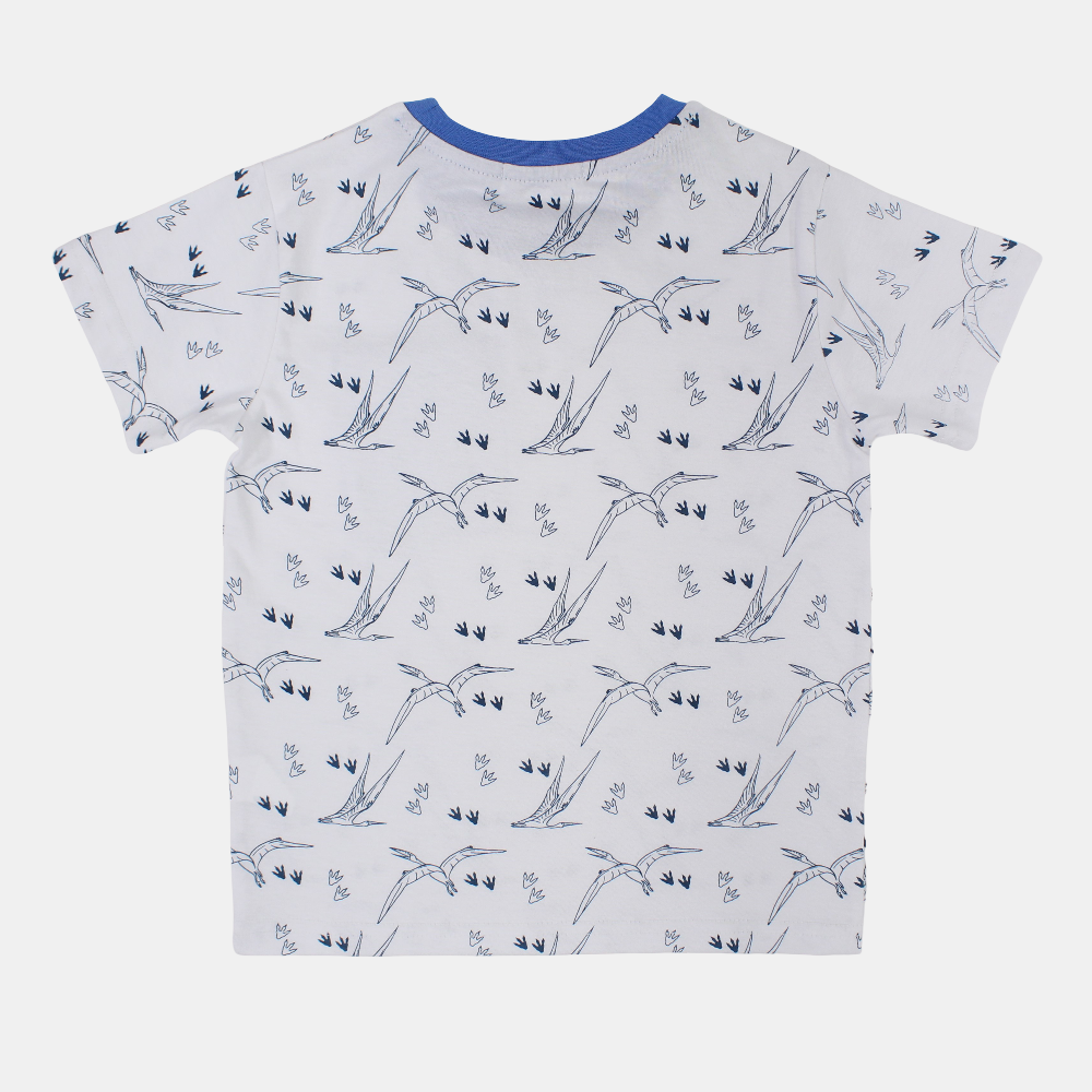 Boys Cotton T-Shirt - White with Flying Dinos Print