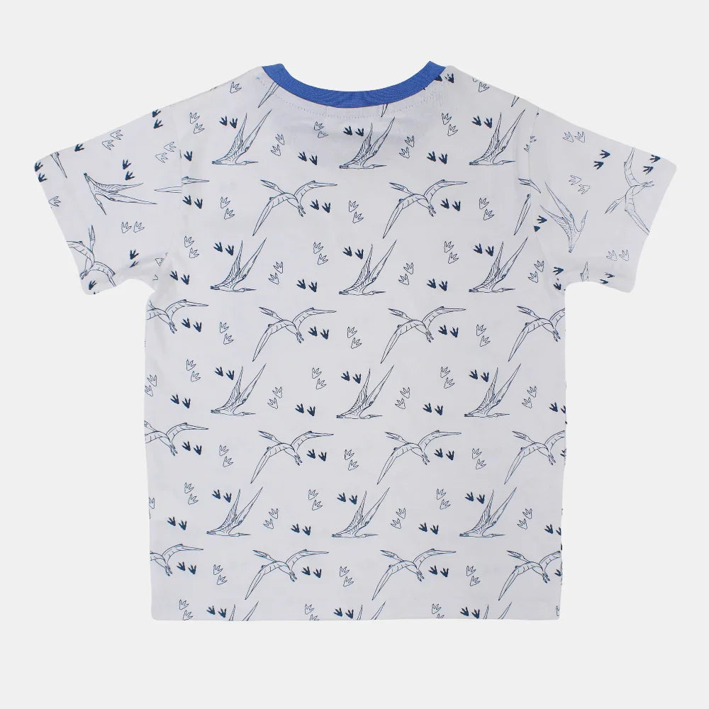 Boys Cotton T-Shirt - White with Flying Dinos Print