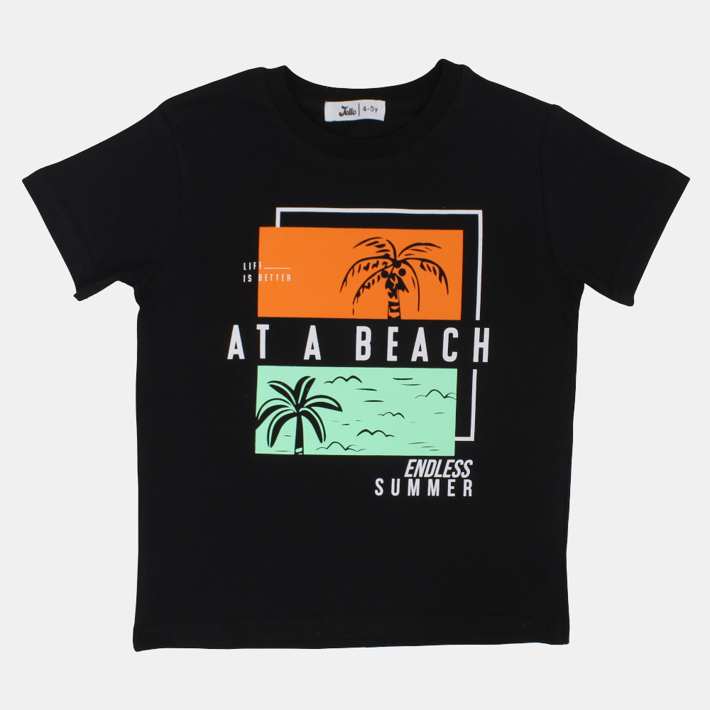 Boys Cotton T-Shirt – Black with "At a Beach" Design