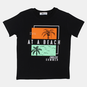 Boys Cotton T-Shirt – Black with "At a Beach" Design