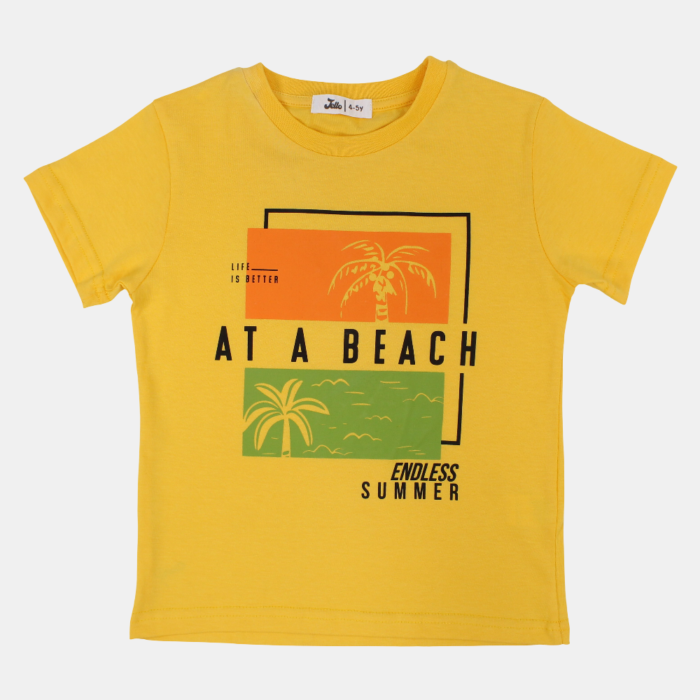 Boys Cotton T-Shirt – Yellow with "At a Beach" Design