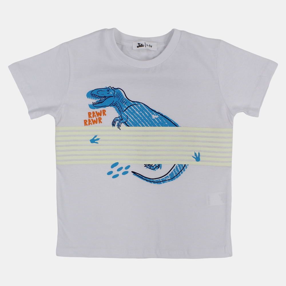 Boys Cotton T-Shirt – White with Dinosaur Print