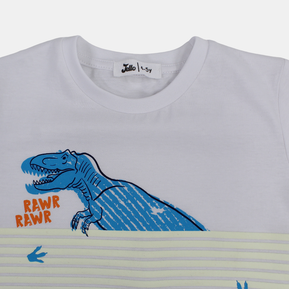 Boys Cotton T-Shirt – White with Dinosaur Print