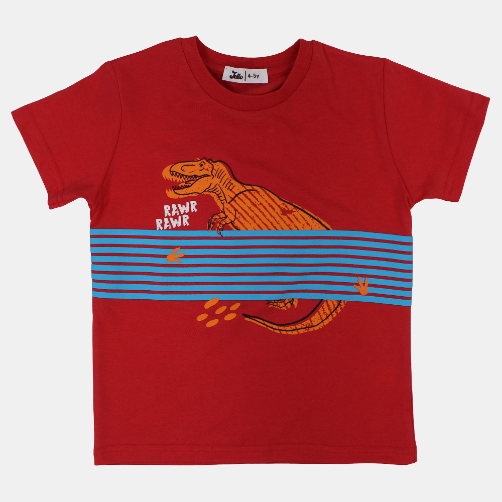 Boys Cotton T-Shirt – Red with Dinosaur Print