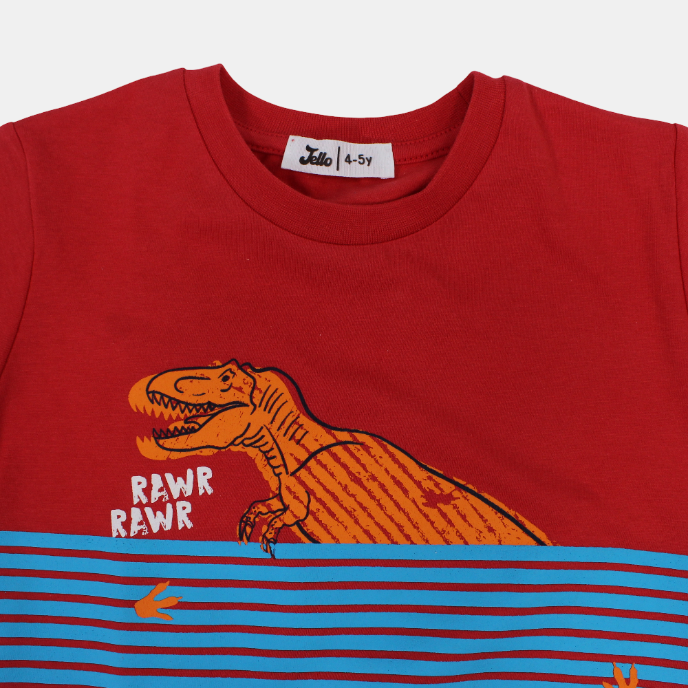 Boys Cotton T-Shirt – Red with Dinosaur Print