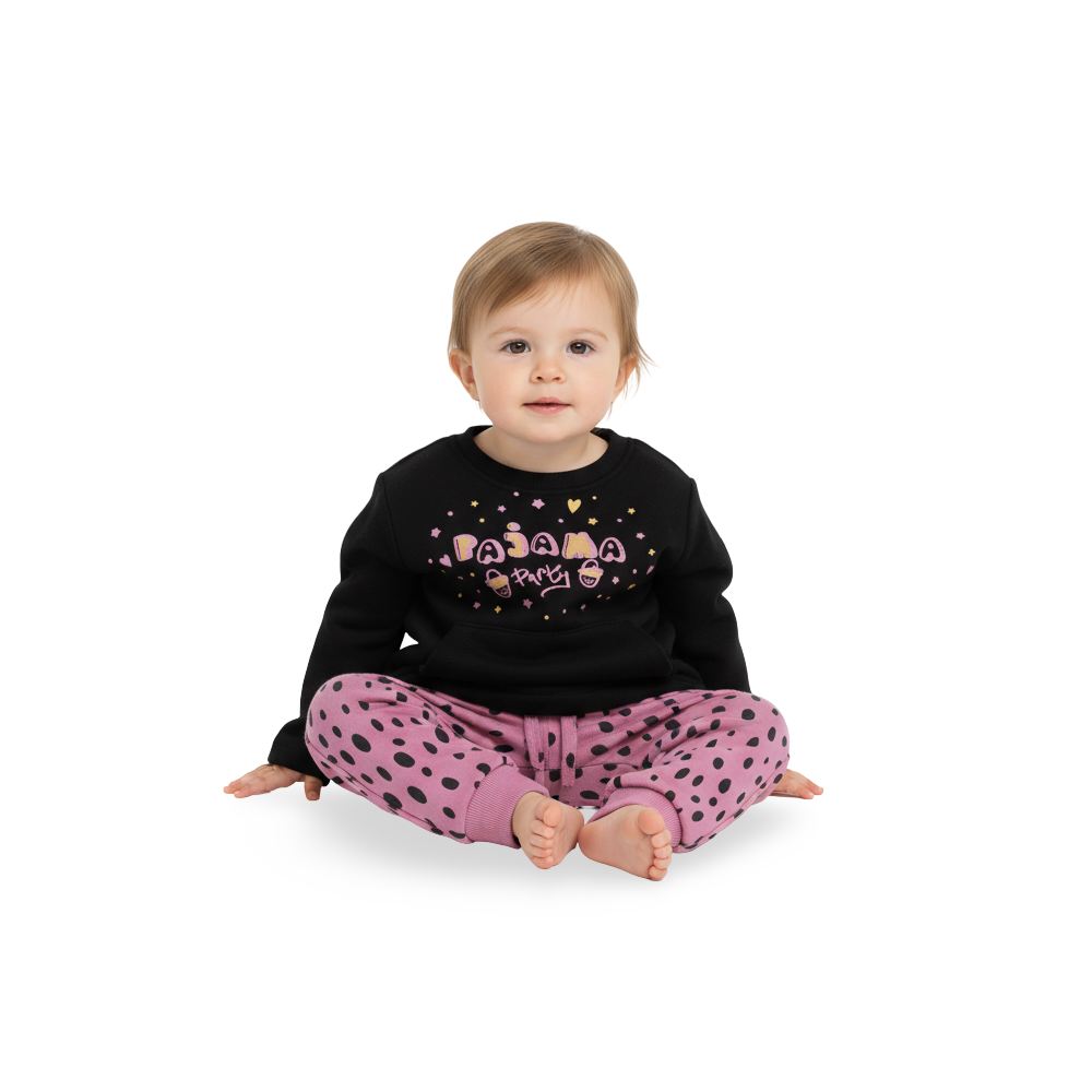 Girls Cotton Pajama Set – Black/Pink  with “Pajama Party” Design