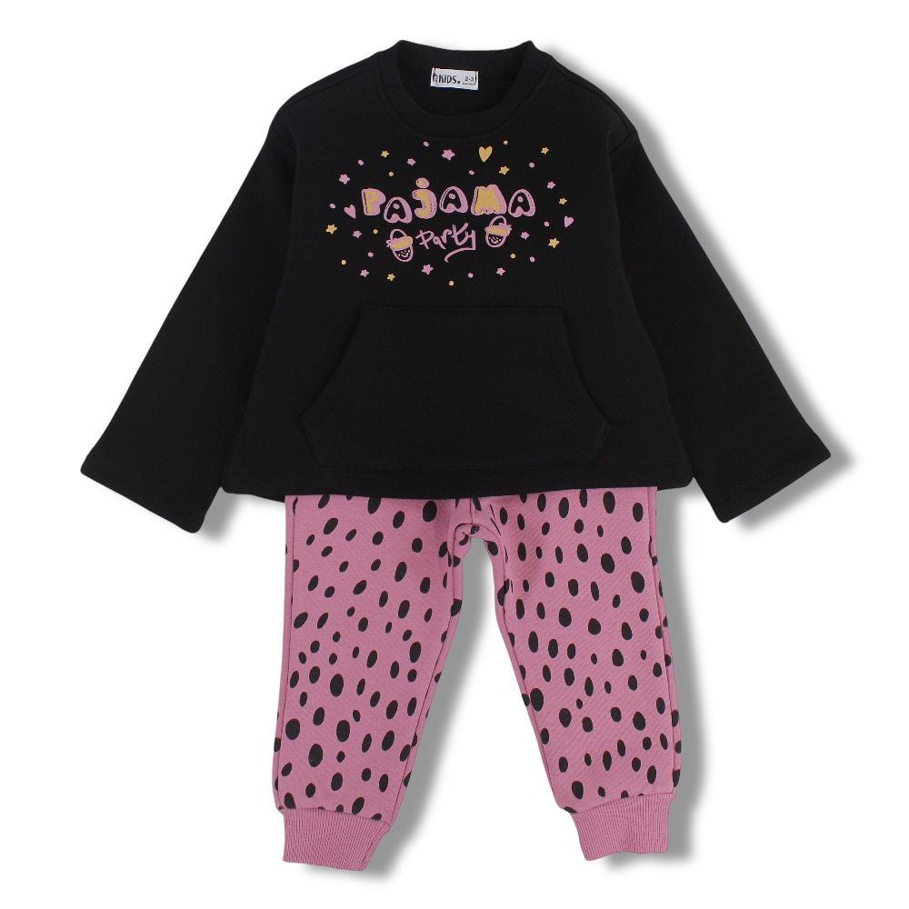 Girls Cotton Pajama Set – Black/Pink  with “Pajama Party” Design