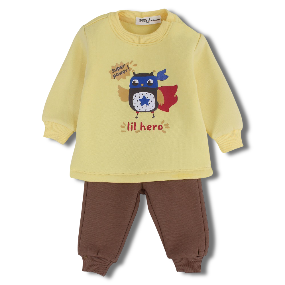 Baby Boys Cotton Pajama Set – Yellow/Brown with “Lil Hero” Owl Design