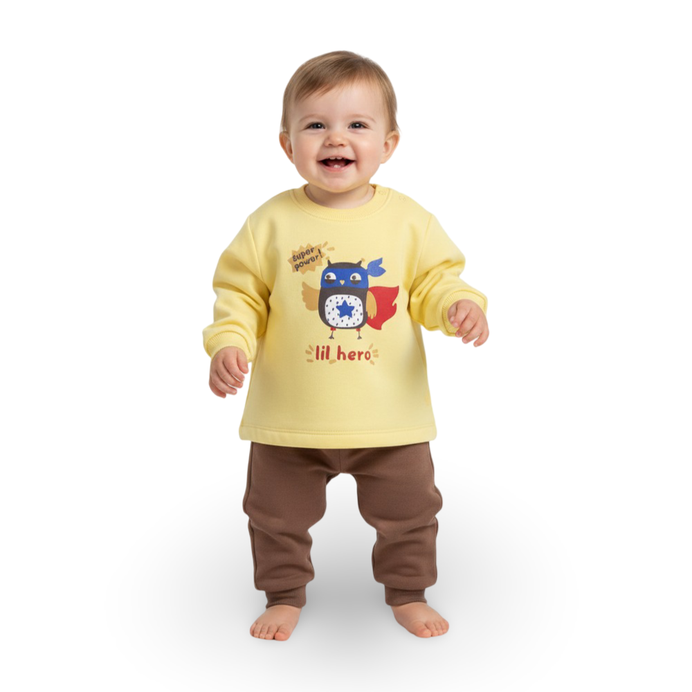 Baby Boys Cotton Pajama Set – Yellow/Brown with “Lil Hero” Owl Design