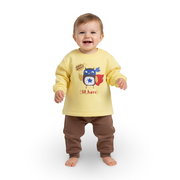 Baby Boys Cotton Pajama Set – Yellow/Brown with “Lil Hero” Owl Design