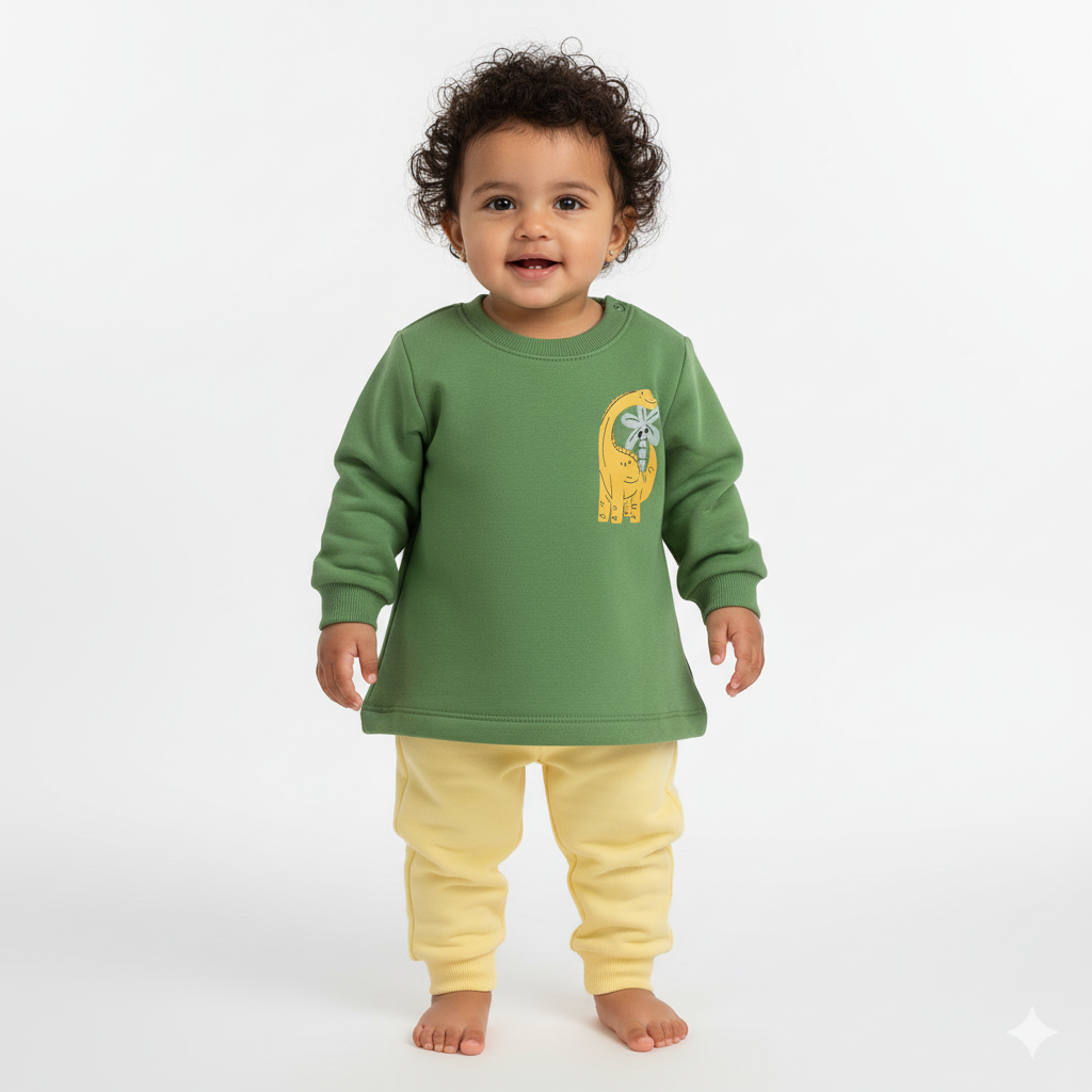 Baby Boys Cotton Pajama Set – Green/Yellow with Dinosaur Design