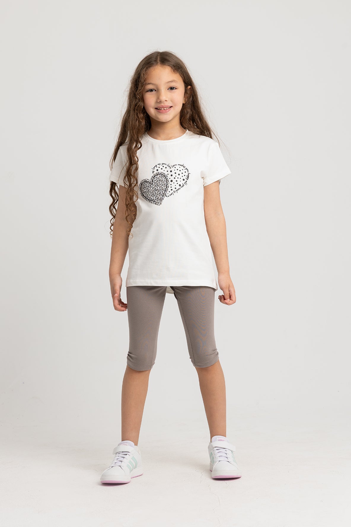 Girls Cotton Pajama Set – Off-white with Two Hearts Design