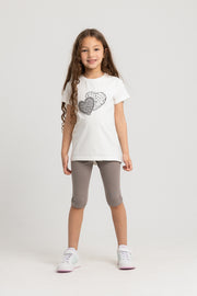 Girls Cotton Pajama Set – Off-white with Two Hearts Design