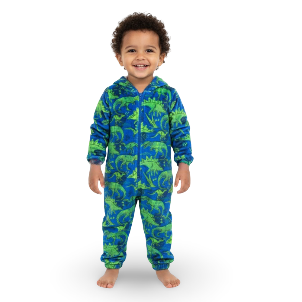 Boys Fleeced Hooded Footless Onesie – Blue Dinosaurs