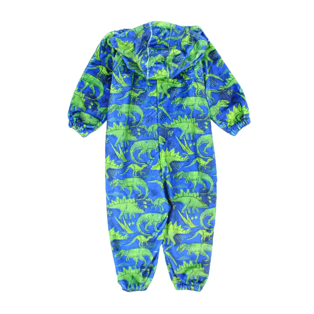 Boys Fleeced Hooded Footless Onesie – Blue Dinosaurs