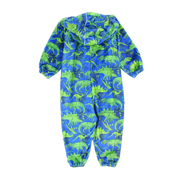 Boys Fleeced Hooded Footless Onesie – Blue Dinosaurs