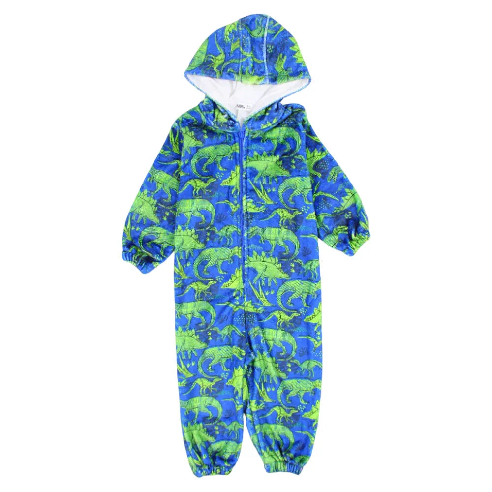 Boys Fleeced Hooded Footless Onesie – Blue Dinosaurs
