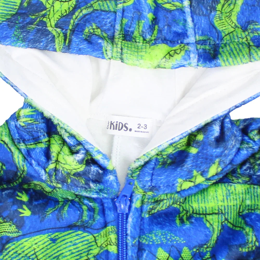 Boys Fleeced Hooded Footless Onesie – Blue Dinosaurs