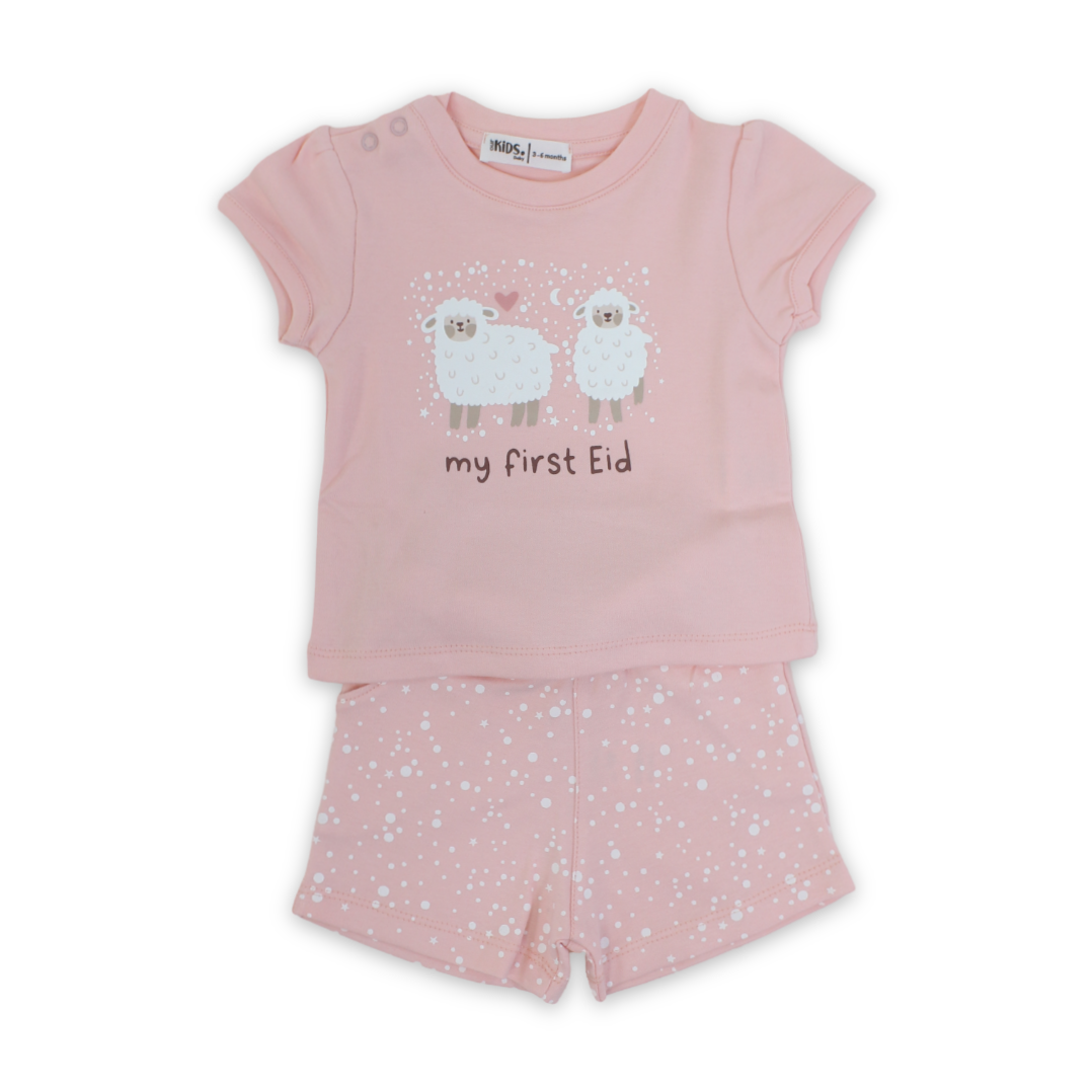 Baby Girls Cotton Pajama – Salmon with "My First Eid" Print - Clothing - Ourkids
