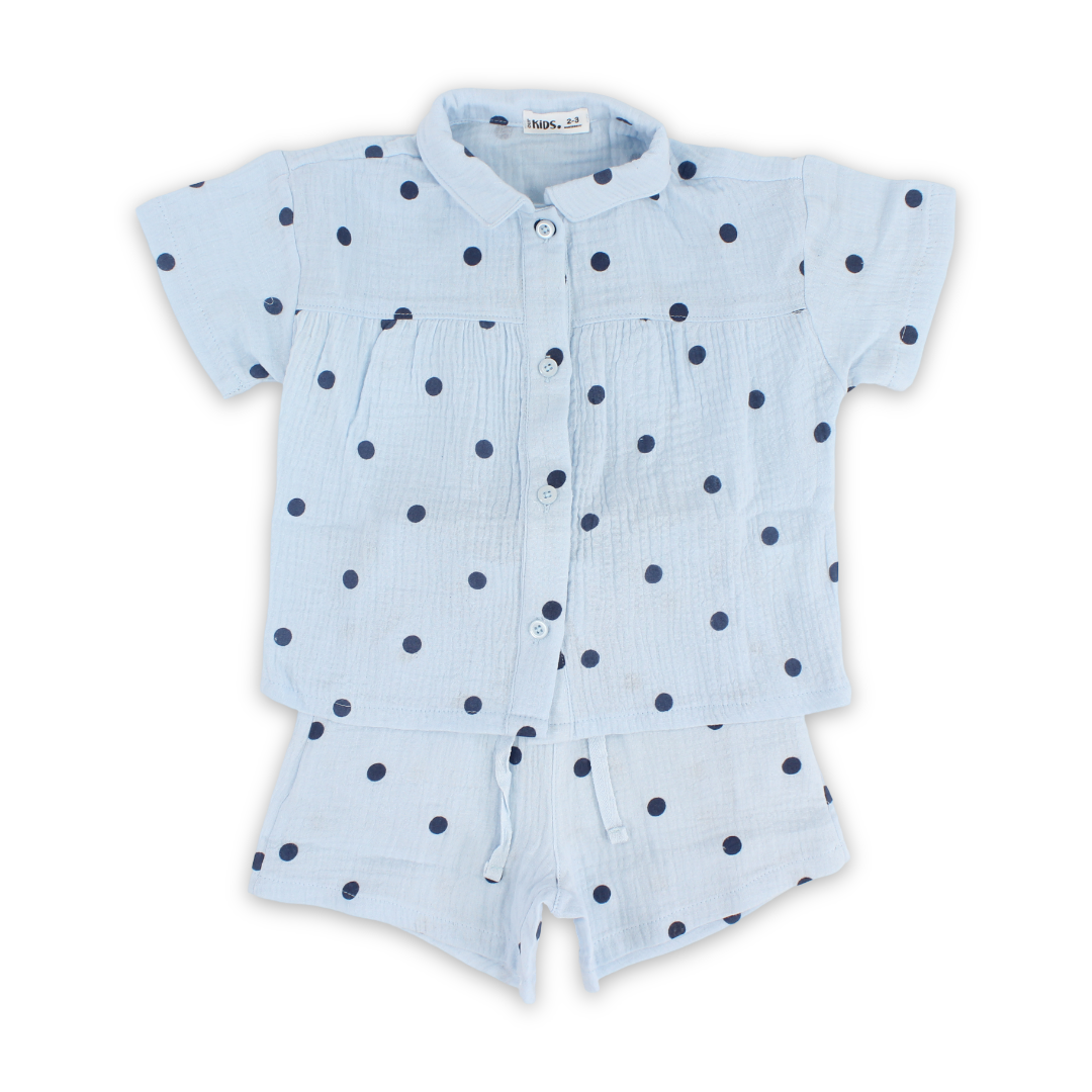 Girls Crinkle Cotton Pajama – Baby Blue Polka-dot - Clothing - Ourkids