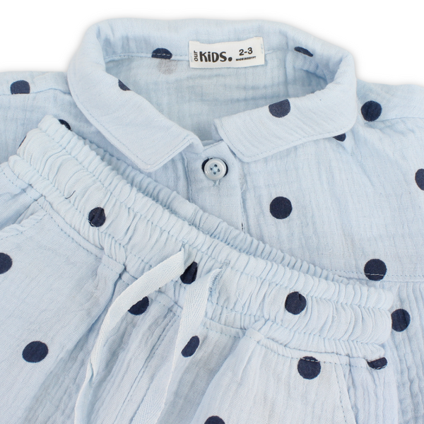 Girls Crinkle Cotton Pajama – Baby Blue Polka-dot