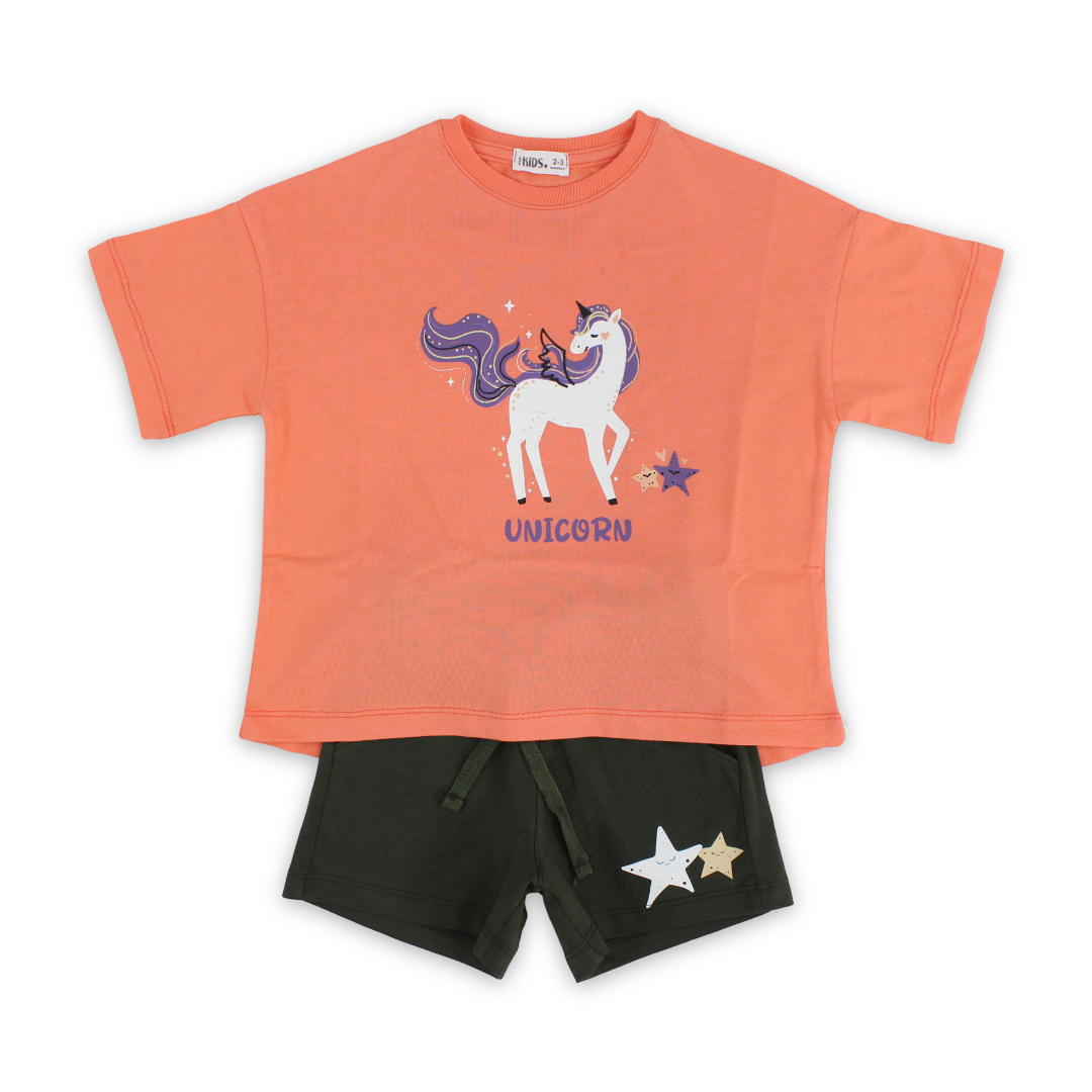 Girls Cotton Pajama – Salmon with Unicorn Print - Clothing - Ourkids