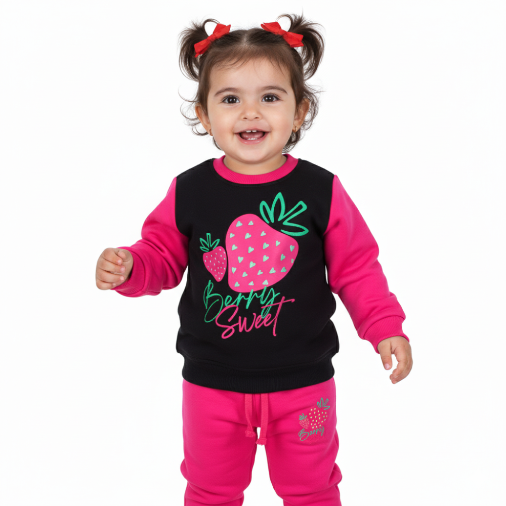 Girls Cotton Pajama Set – Black/Fuchsia with "Berry Sweet" Design