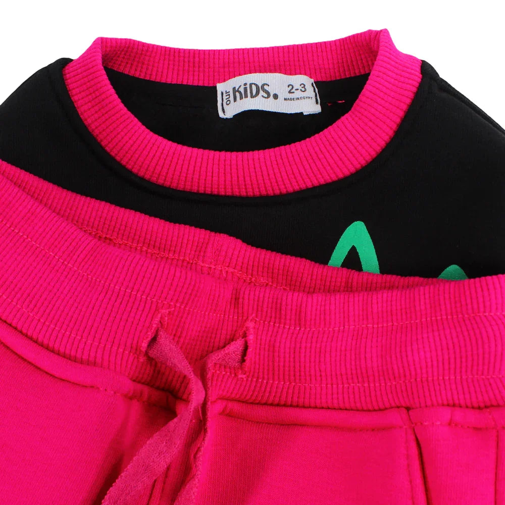 Girls Cotton Pajama Set – Black/Fuchsia with "Berry Sweet" Design