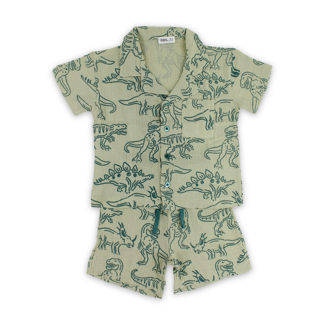 Boys Cotton Pajama – Pistachio with Dino Print - Clothing - Ourkids