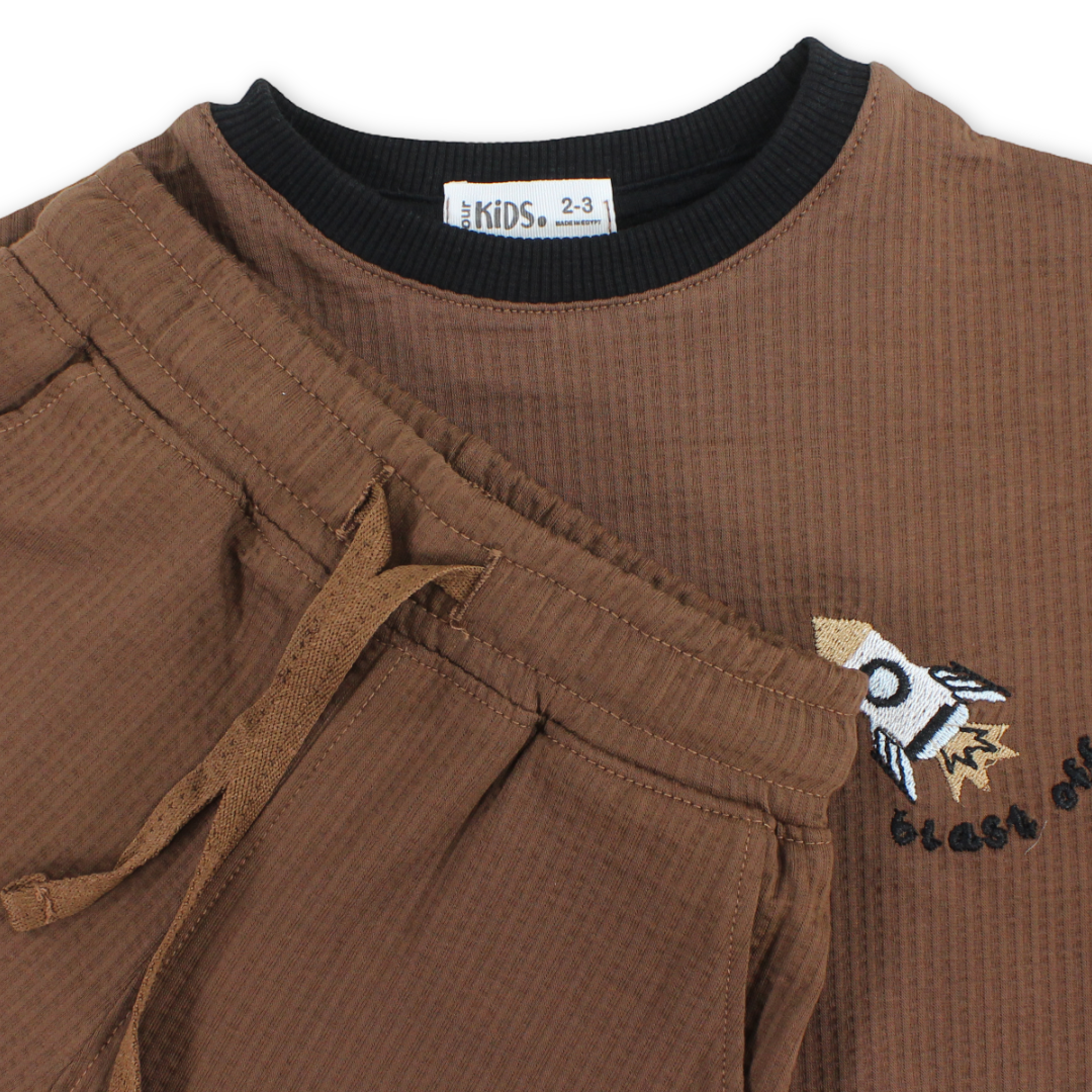 Boys Cotton Short-Sleeve Pajama Set – Brown with Rocket Print