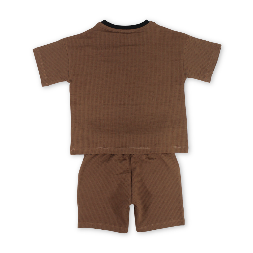 Boys Cotton Short-Sleeve Pajama Set – Brown with Rocket Print