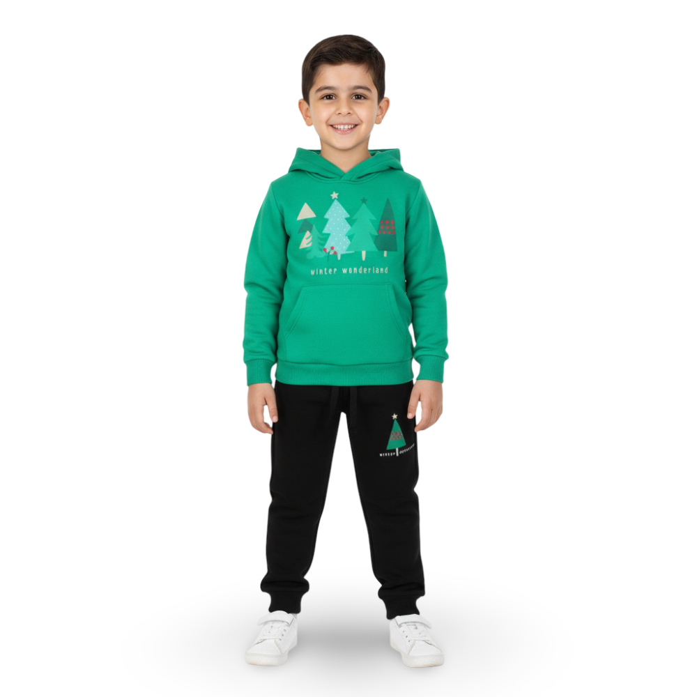 Boys Cotton Hooded Pajama Set – Green with "Winter Wonderland" Design