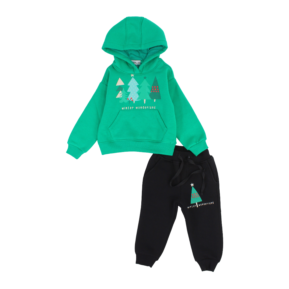 Boys Cotton Hooded Pajama Set – Green with "Winter Wonderland" Design