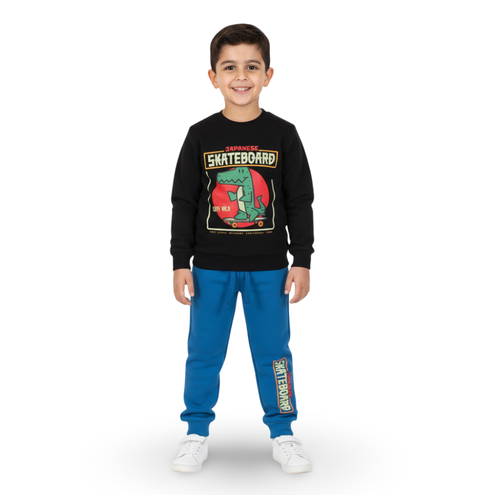 Boys Cotton Pajama Set – Black/Blue with Dino on a Skateboard Print