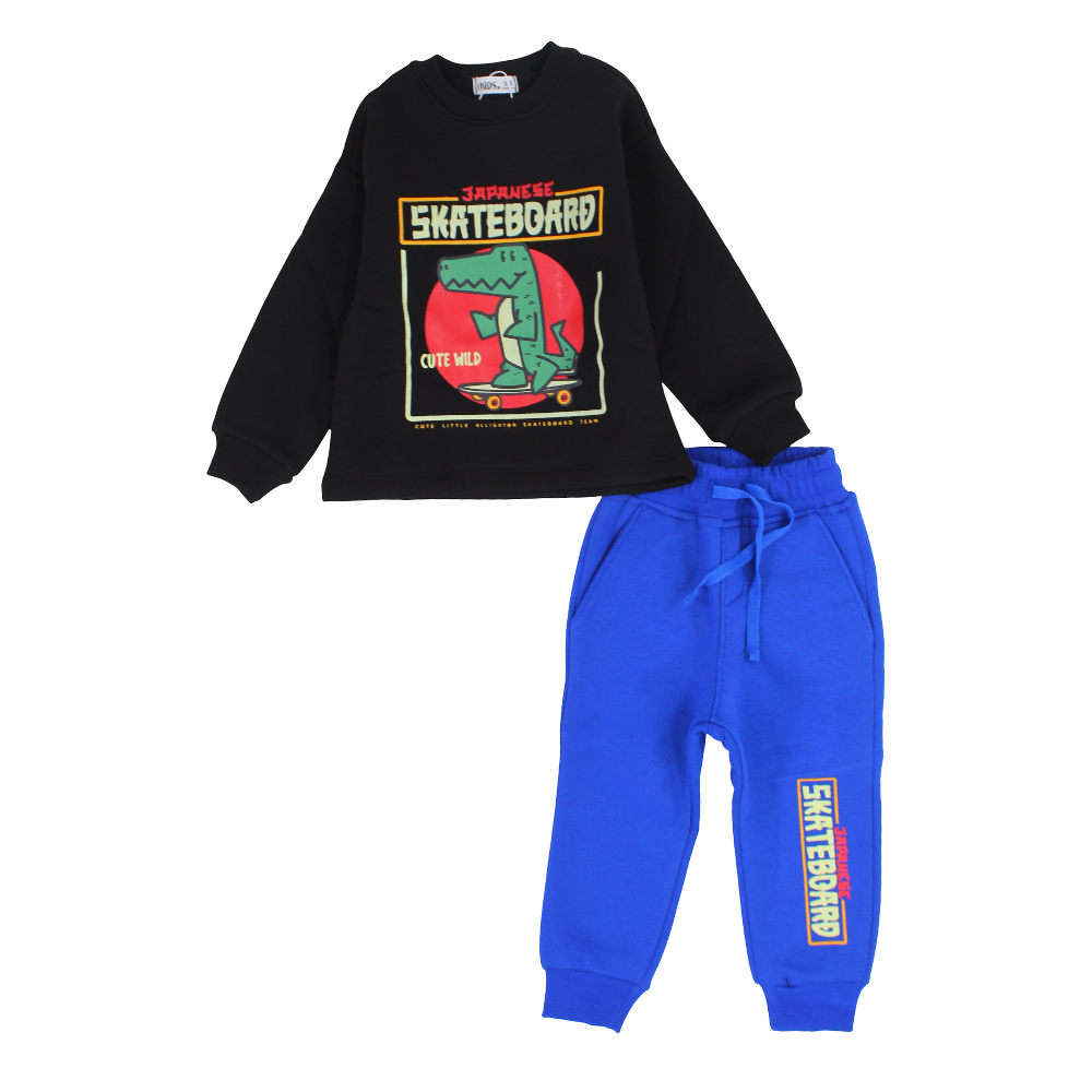 Boys Cotton Pajama Set – Black/Blue with Dino on a Skateboard Print