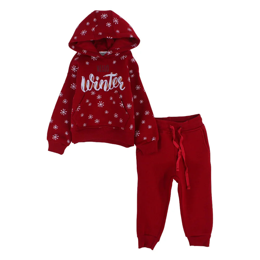 Boys Cotton Hooded Pajama Set – Maroon with "Hello Winter" Design