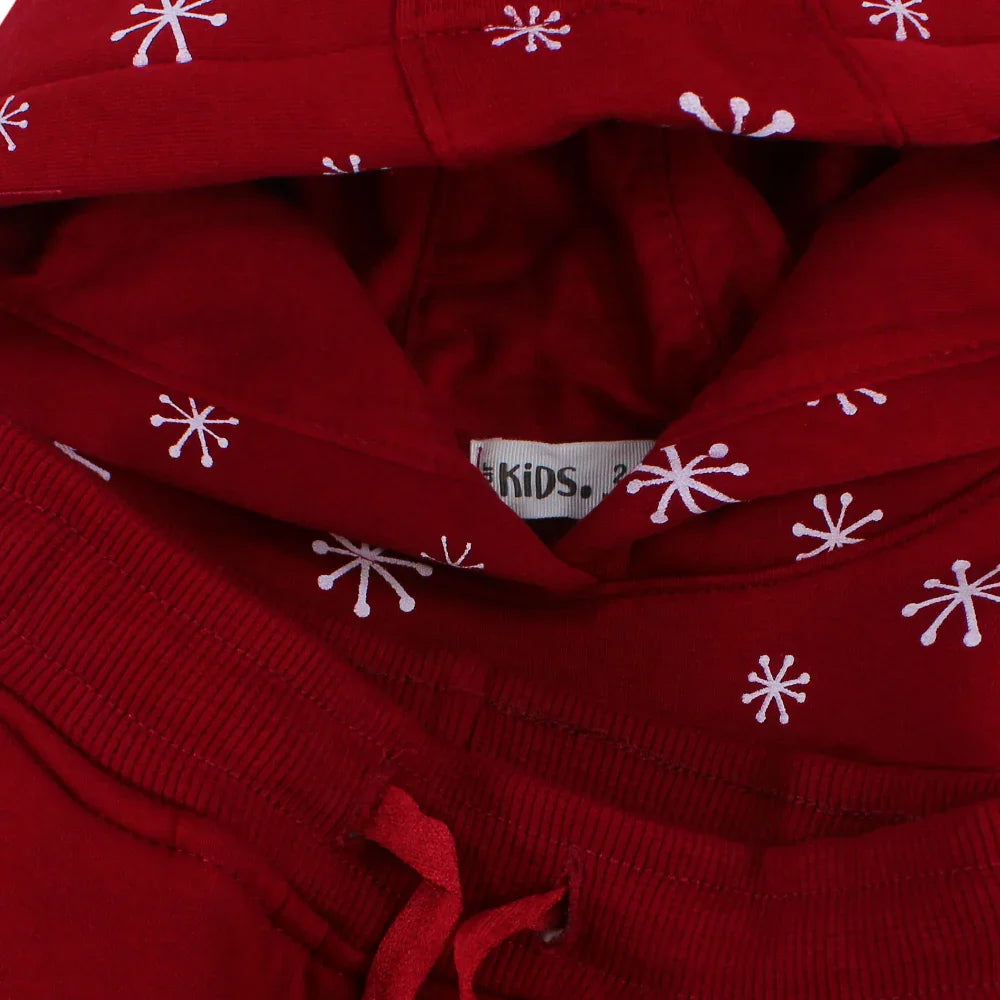 Boys Cotton Hooded Pajama Set – Maroon with "Hello Winter" Design
