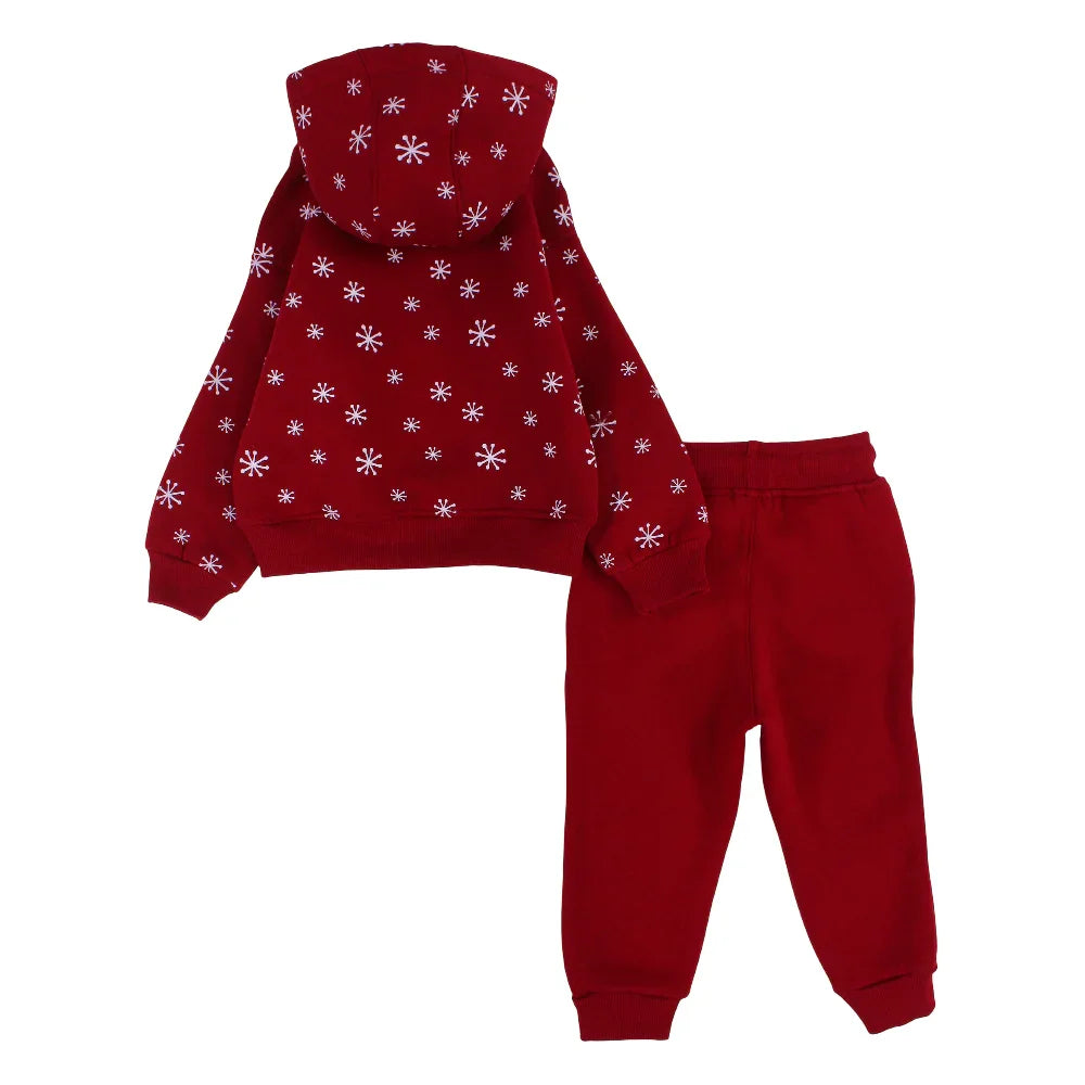 Boys Cotton Hooded Pajama Set – Maroon with "Hello Winter" Design