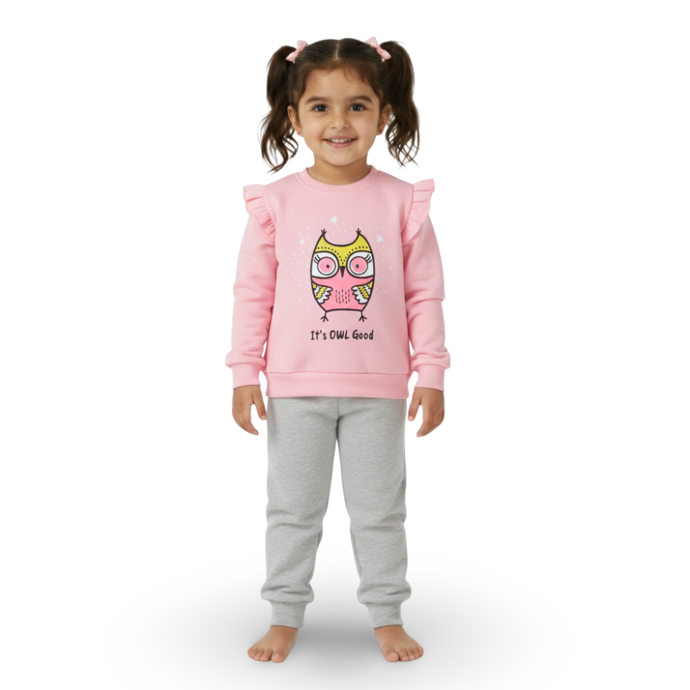 Girls Cotton Pajama Set – Pink with Owl Print