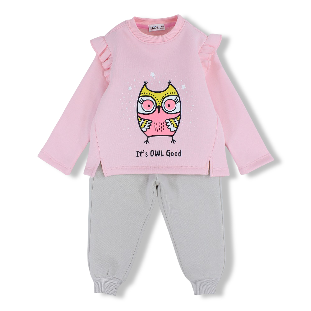 Girls Cotton Pajama Set – Pink with Owl Print