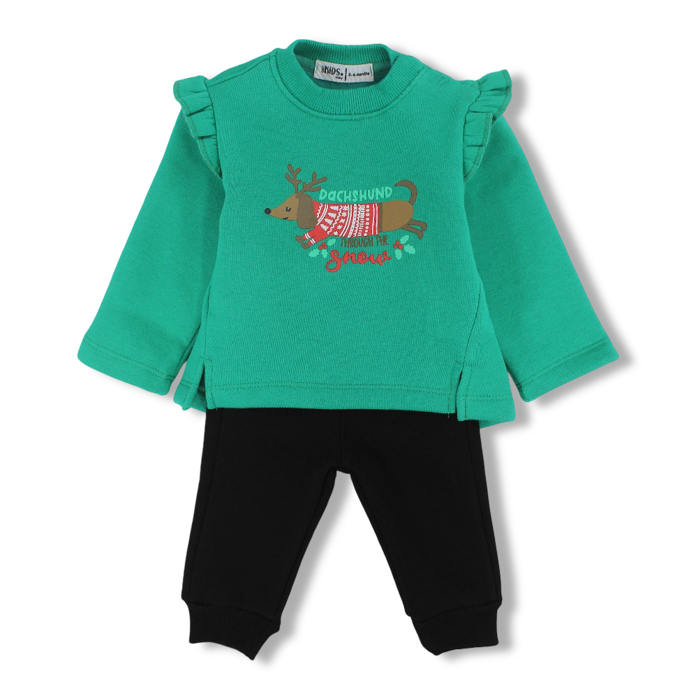 Baby Girls Cotton Pajama Set – Green/Black with Dachshund Through The Snow Print