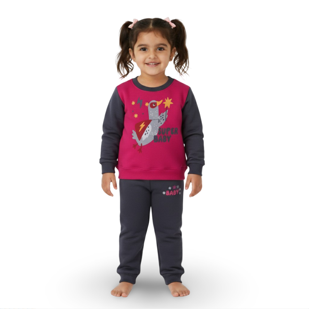 Baby Girls Cotton Pajama Set – Fuchsia/Charcoal with Super Baby Print
