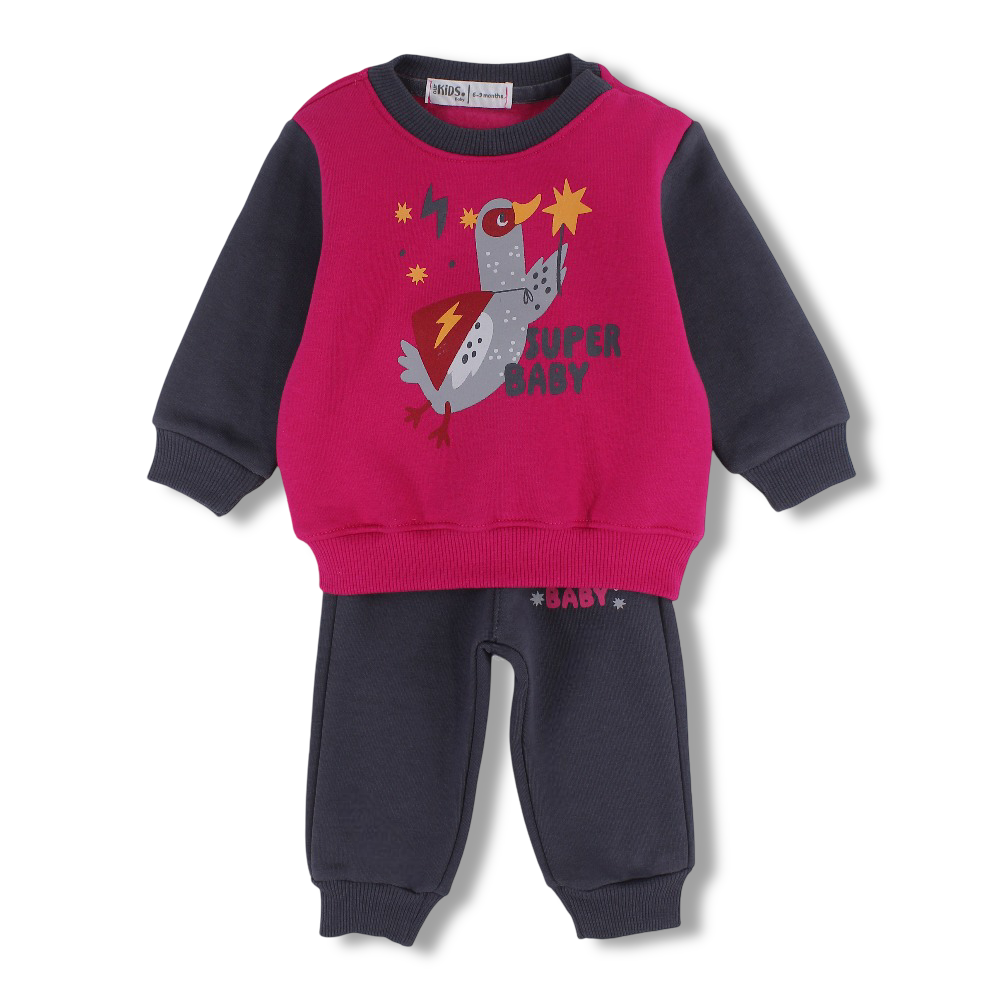 Baby Girls Cotton Pajama Set – Fuchsia/Charcoal with Super Baby Print