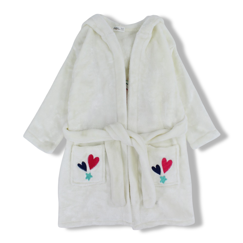 Girls Velvet Robe – Off-white with Unicorn & Hearts Design