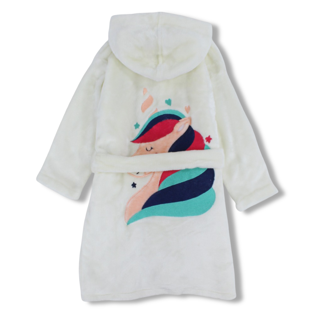 Girls Velvet Robe – Off-white with Unicorn & Hearts Design