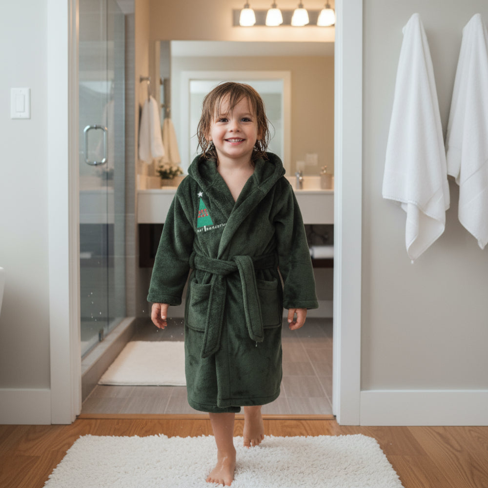 Unisex Velvet Robe - Dark Green with "Winter Wonderland" Design