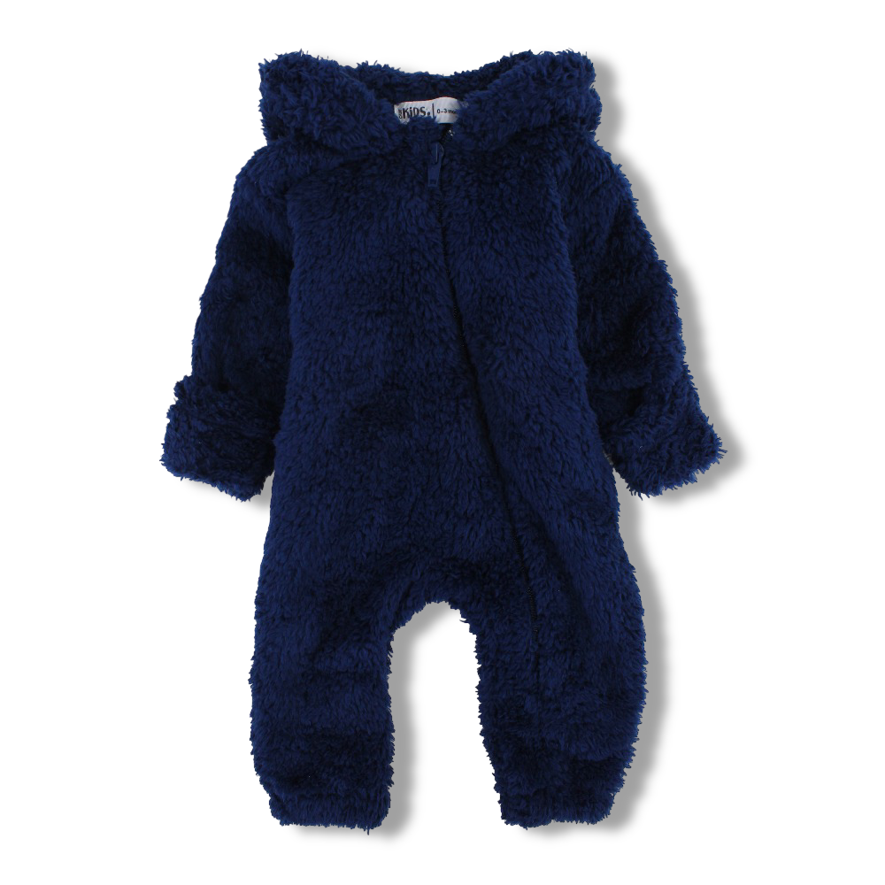 Unisex Baby Fleece Hooded Baby Footie – Navy with Teddy Design